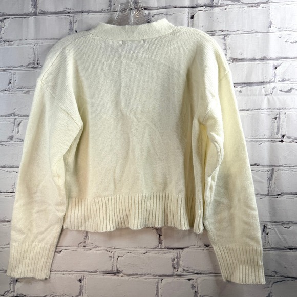 Cropped Cream V-Neck Cardigan Sweater Small Preppy Letter Patches Light Academia - Picture 2 of 9